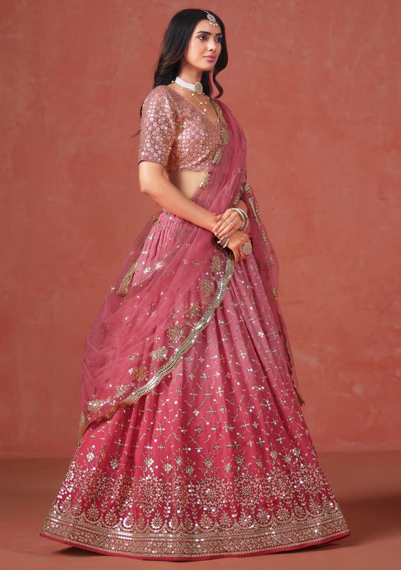Peach Sequins And Thread Embroidery Work Georgette Lehenga Choli - Indya