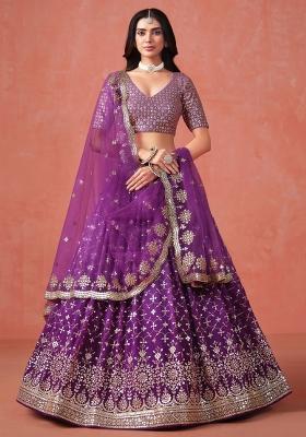 Purple Sequins And Thread Embroidery Work Georgette Lehenga Choli