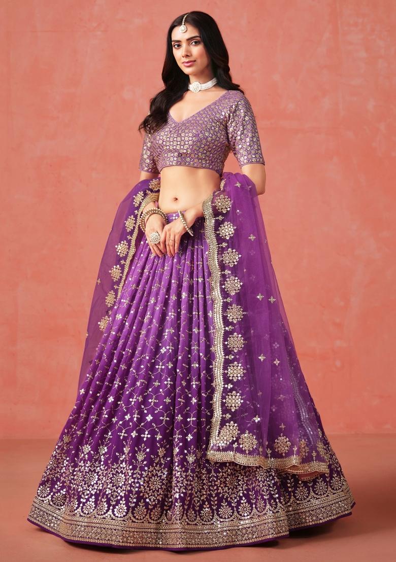 Purple Sequins And Thread Embroidery Work Georgette Lehenga Choli - Indya