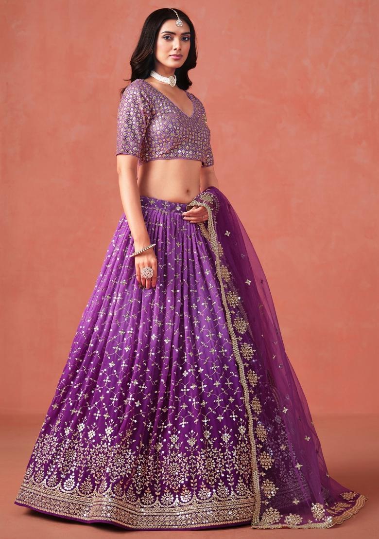 Purple Sequins And Thread Embroidery Work Georgette Lehenga Choli - Indya
