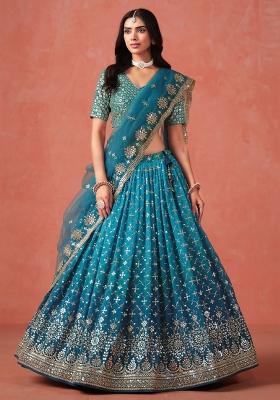 Rama Blue Sequins And Thread Embroidery Work Georgette Lehenga Choli