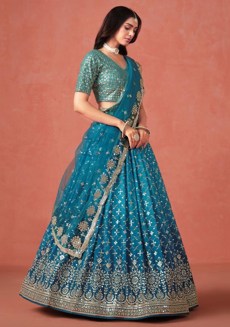 Rama Blue Sequins And Thread Embroidery Work Georgette Lehenga Choli - Indya