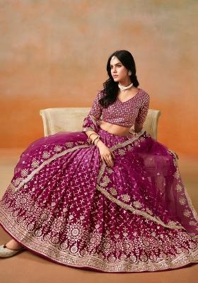 Red Pink Sequins And Thread Embroidery Work Georgette Lehenga Choli
