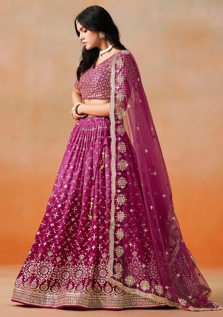 Red Pink Sequins And Thread Embroidery Work Georgette Lehenga Choli - Indya