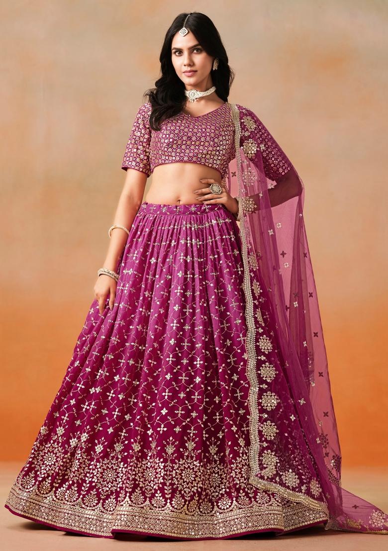 Red Pink Sequins And Thread Embroidery Work Georgette Lehenga Choli - Indya