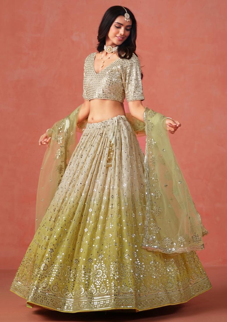 Yellow Sequins And Thread Embroidery Work Georgette Lehenga Choli - Indya