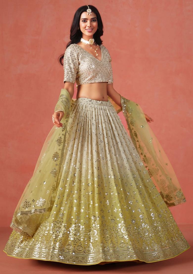 Yellow Sequins And Thread Embroidery Work Georgette Lehenga Choli - Indya