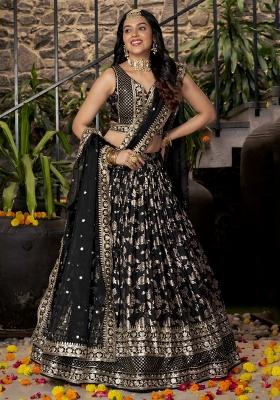 Black Sequins And Thread Embroidery Work Dola Jacquard Lehenga Choli