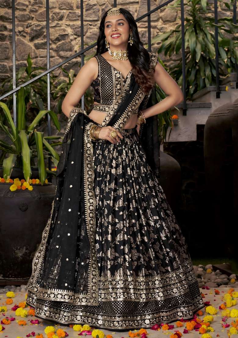 Black Sequins And Thread Embroidery Work Dola Jacquard Lehenga Choli for Diwali and Festive Wear - Indya