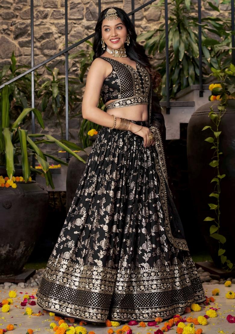 Black Sequins And Thread Embroidery Work Dola Jacquard Lehenga Choli - Indya