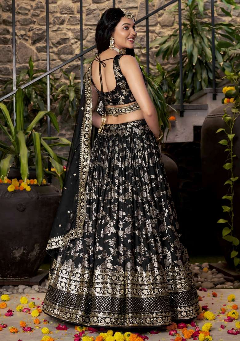 Black Sequins And Thread Embroidery Work Dola Jacquard Lehenga Choli for Diwali and Festive Wear - Indya