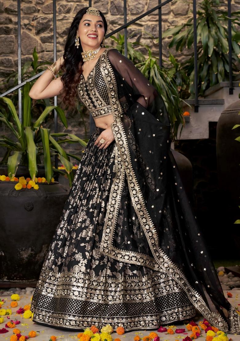 Black Sequins And Thread Embroidery Work Dola Jacquard Lehenga Choli - Indya