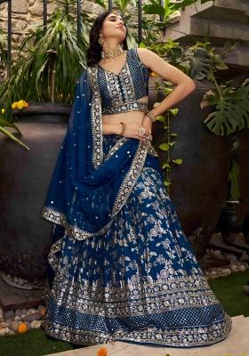 Dove Blue Sequins And Thread Embroidery Work Dola Jacquard Lehenga Choli