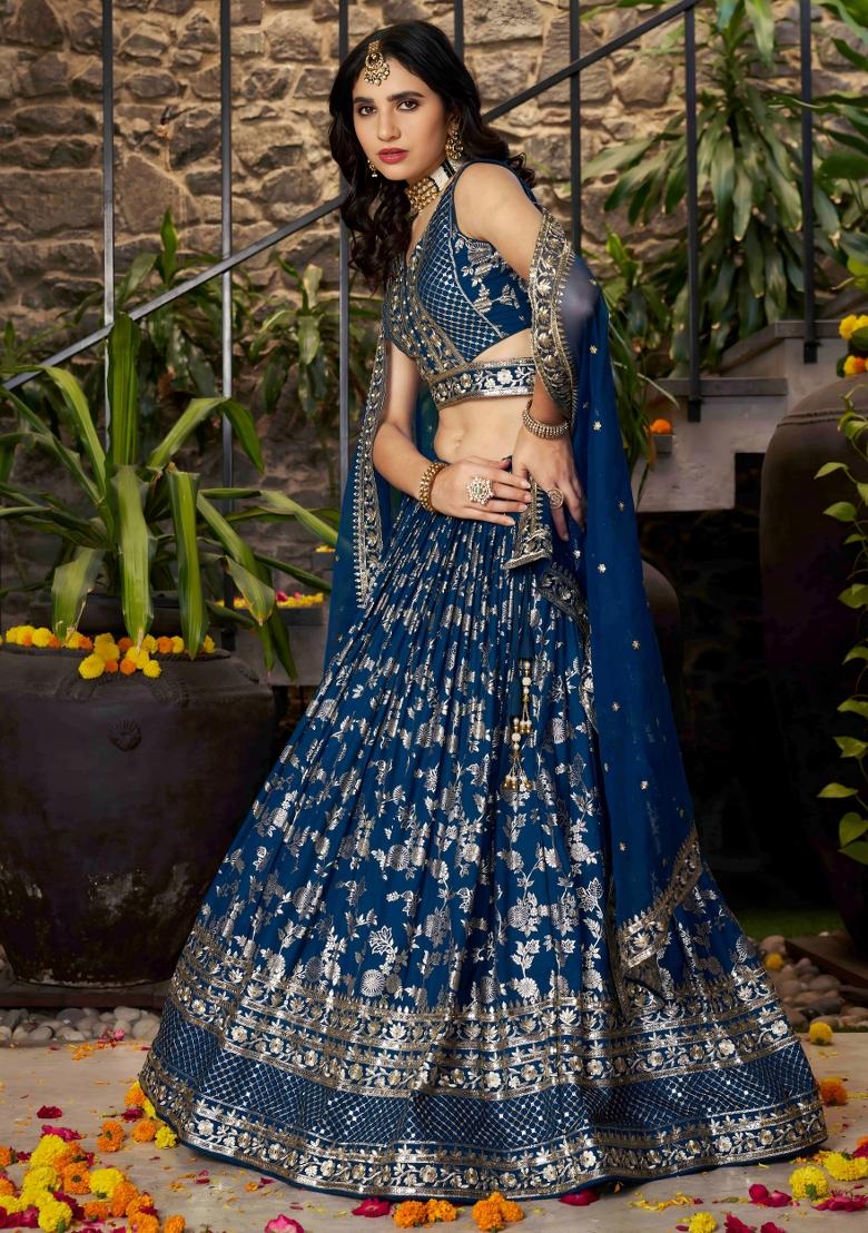 Dove Blue Sequins And Thread Embroidery Work Dola Jacquard Lehenga Choli - Indya