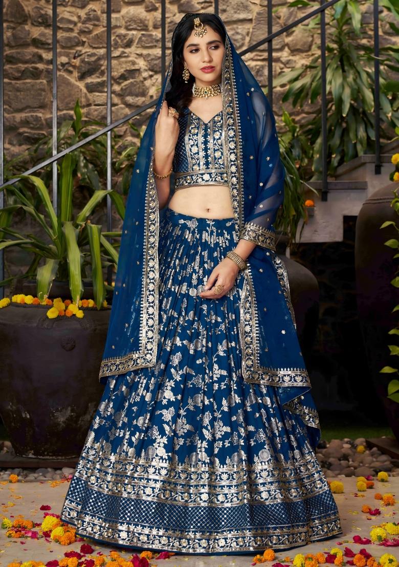Dove Blue Sequins And Thread Embroidery Work Dola Jacquard Lehenga Choli - Indya