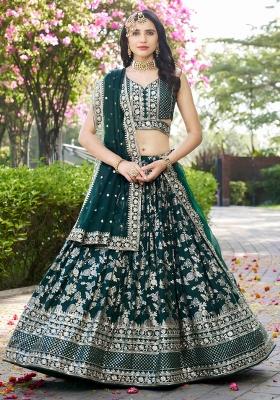 Green Sequins And Thread Embroidery Work Dola Jacquard Lehenga Choli