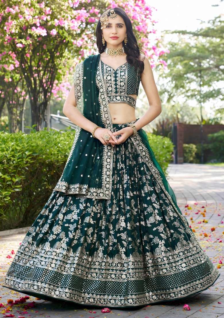 Green Sequins And Thread Embroidery Work Dola Jacquard Lehenga Choli for Diwali and Festive Wear - Indya