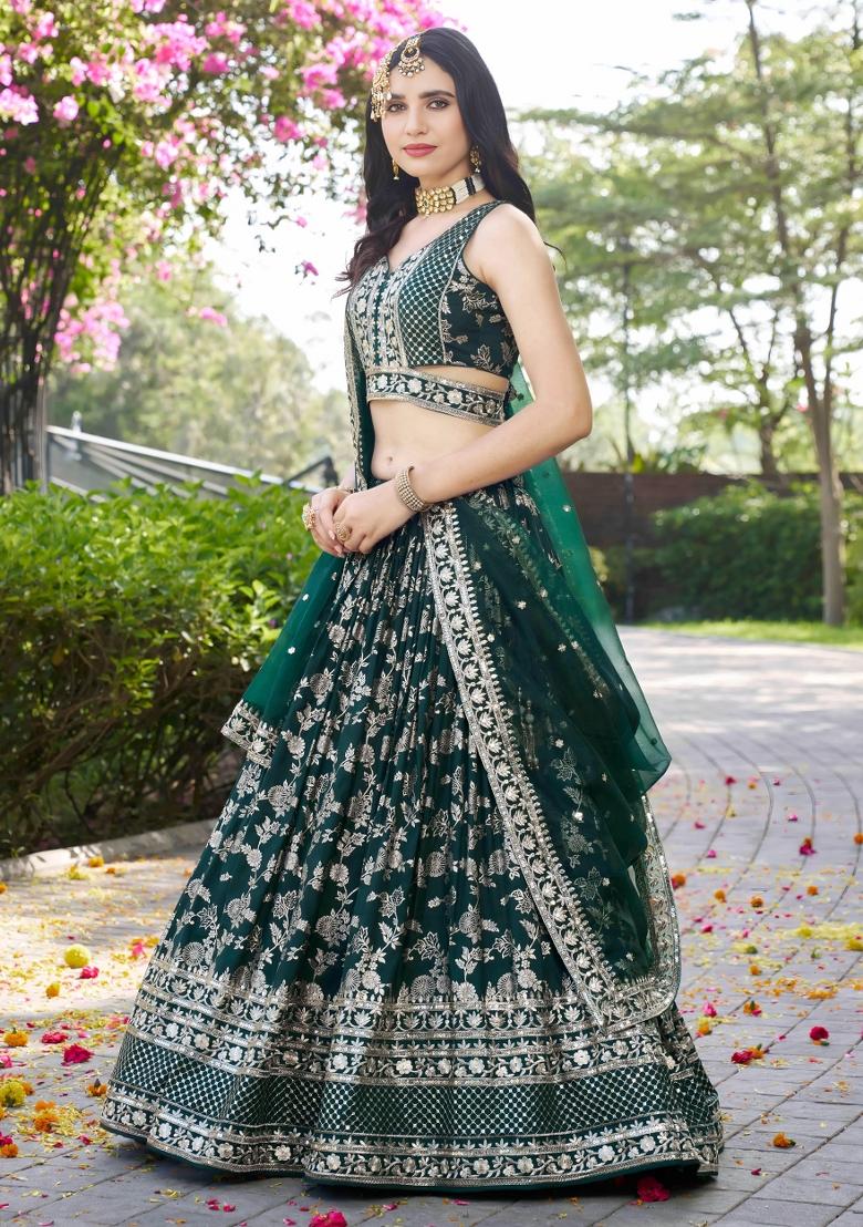 Green Sequins And Thread Embroidery Work Dola Jacquard Lehenga Choli - Indya