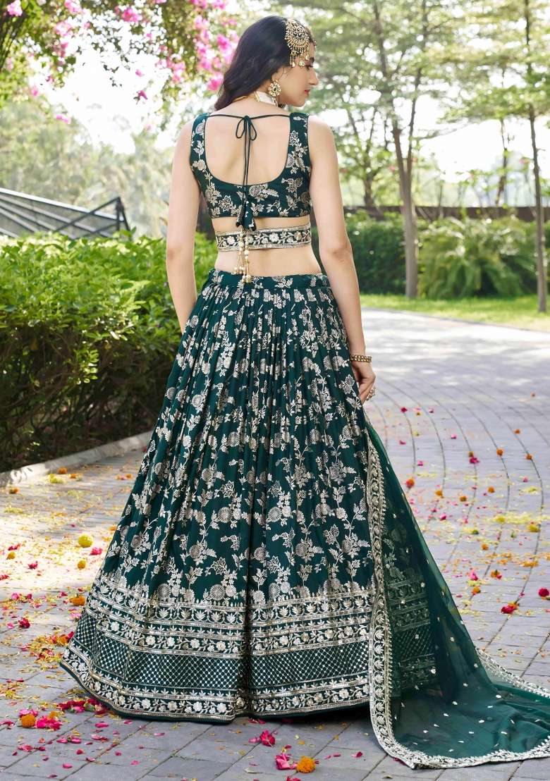 Green Sequins And Thread Embroidery Work Dola Jacquard Lehenga Choli for Diwali and Festive Wear - Indya