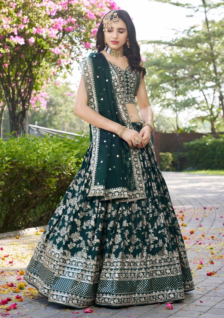 Green Sequins And Thread Embroidery Work Dola Jacquard Lehenga Choli - Indya