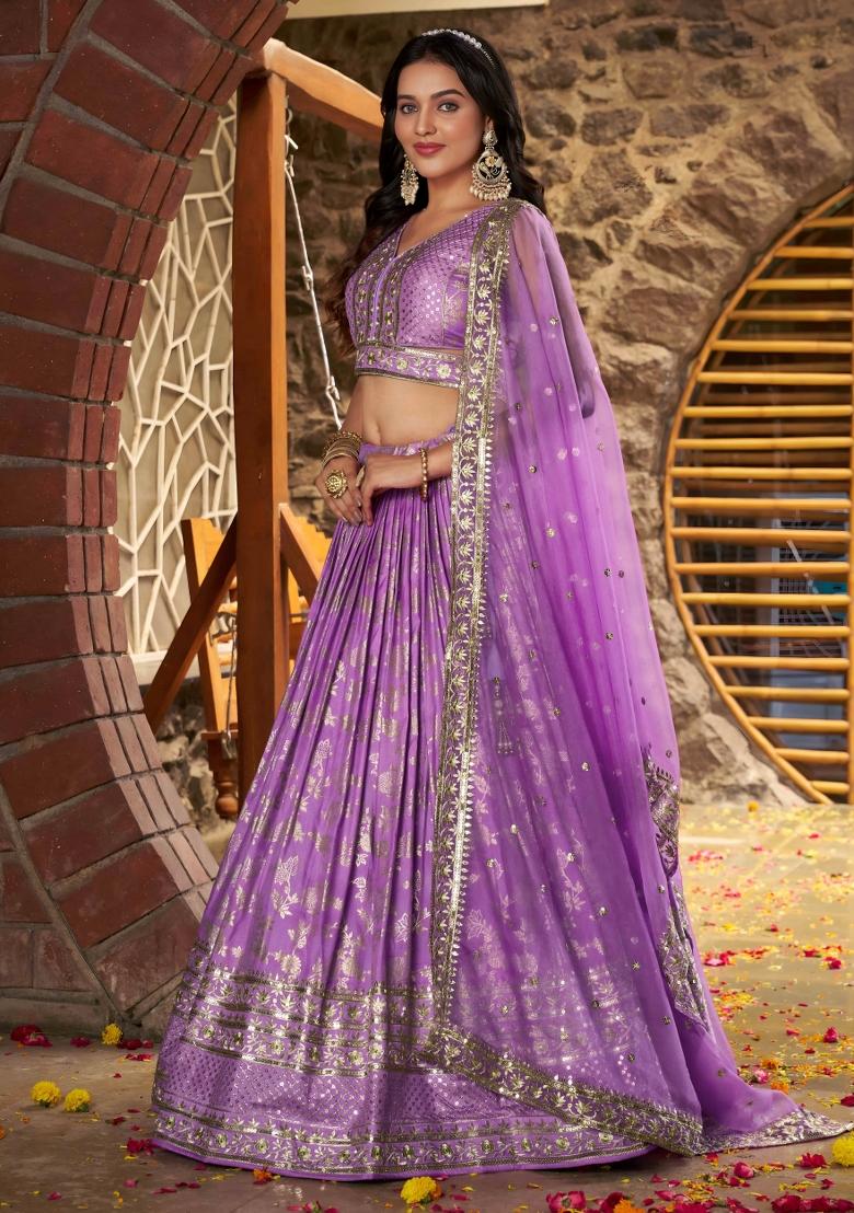 Lavender Sequins And Thread Embroidery Work Dola Jacquard Lehenga Choli - Indya