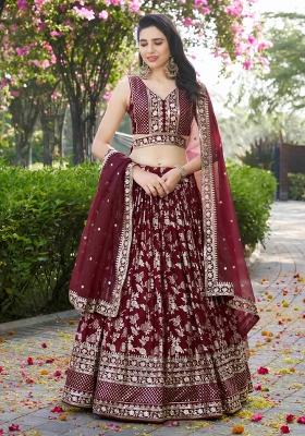 Maroon Sequins And Thread Embroidery Work Dola Jacquard Lehenga Choli