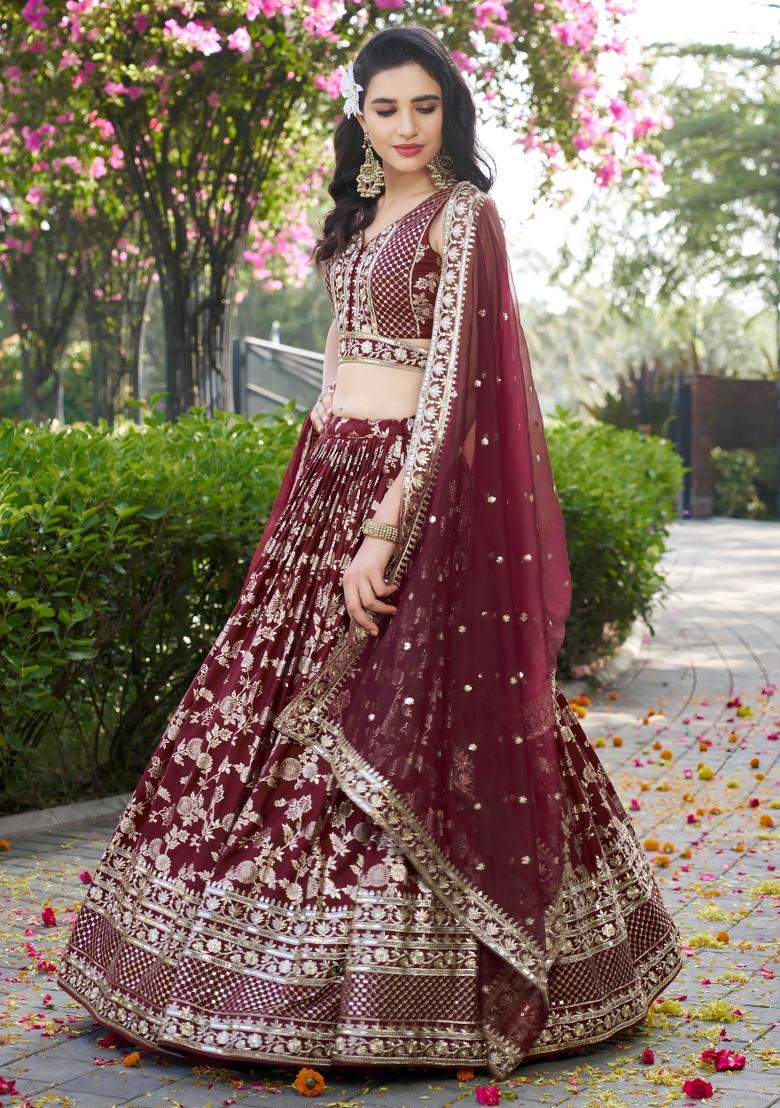Maroon Sequins And Thread Embroidery Work Dola Jacquard Lehenga Choli - Indya