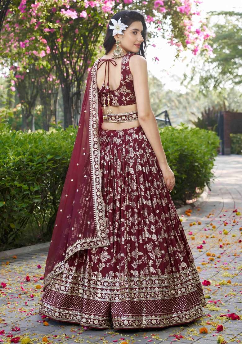 Maroon And Dola Choli Jacquard Lehenga with Embroidery & Sequins for Diwali | Wedding & Festive Wear - Indya