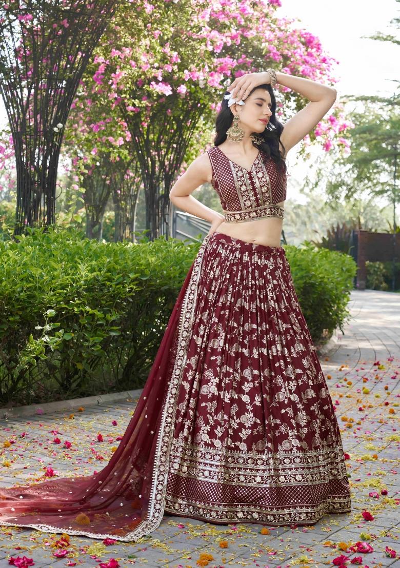 Maroon Sequins And Thread Embroidery Work Dola Jacquard Lehenga Choli - Indya