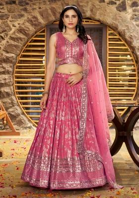 Peach Sequins And Thread Embroidery Work Dola Jacquard Lehenga Choli