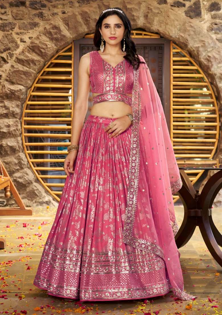 Peach Sequins And Thread Embroidery Work Dola Jacquard Lehenga Choli for Diwali and Festive Wear - Indya