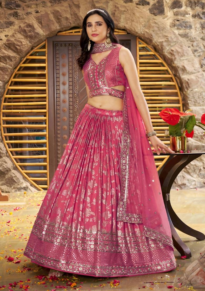 Peach Sequins And Thread Embroidery Work Dola Jacquard Lehenga Choli - Indya