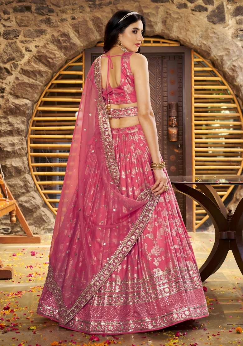 Peach Sequins And Thread Embroidery Work Dola Jacquard Lehenga Choli for Diwali and Festive Wear - Indya