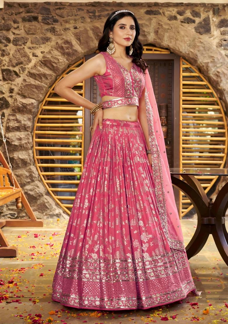 Peach Sequins And Thread Embroidery Work Dola Jacquard Lehenga Choli - Indya