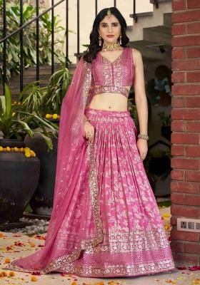 Pink Sequins And Thread Embroidery Work Dola Jacquard Lehenga Choli