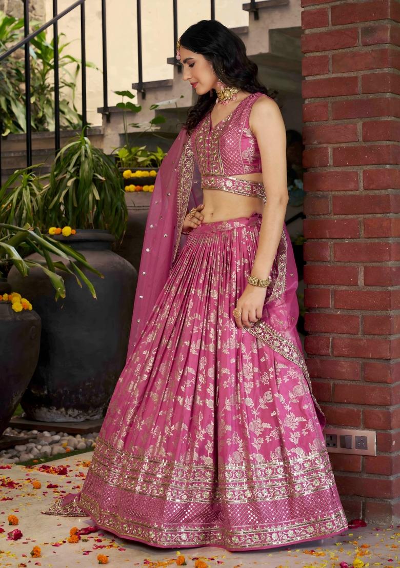 Pink Sequins And Thread Embroidery Work Dola Jacquard Lehenga Choli - Indya