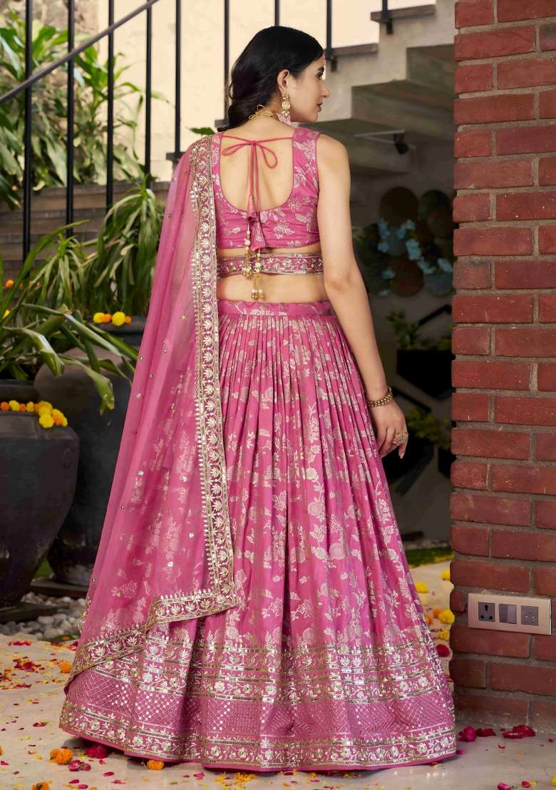 Pink And Dola Choli Jacquard Lehenga with Embroidery & Sequins for Diwali | Wedding & Festive Wear - Indya