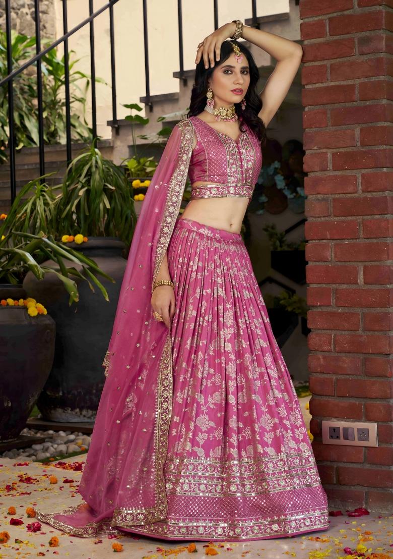 Pink Sequins And Thread Embroidery Work Dola Jacquard Lehenga Choli - Indya