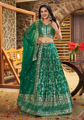 Rama Green Sequins And Thread Embroidery Work Dola Jacquard Lehenga Choli