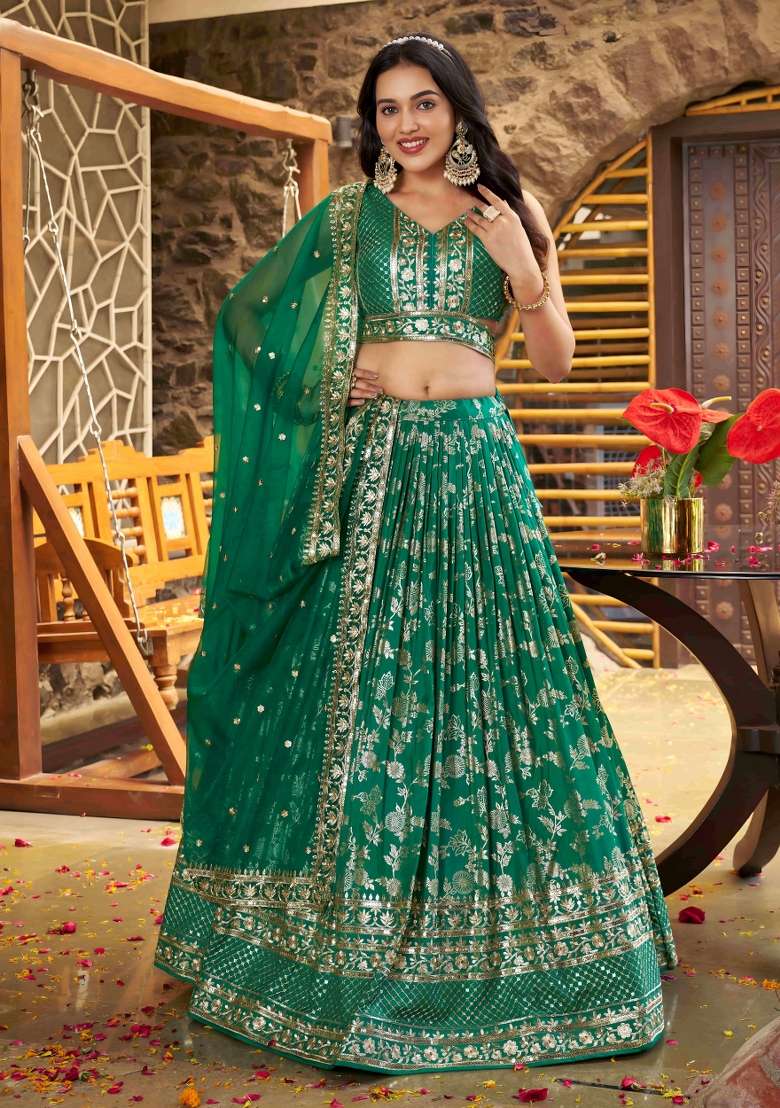 Rama Green And Dola Choli Jacquard Lehenga with Embroidery & Sequins for Diwali | Wedding & Festive Wear - Indya