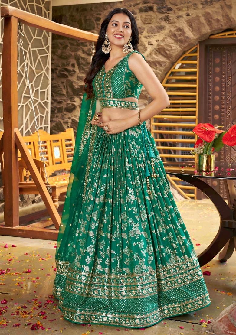 Rama Green Sequins And Thread Embroidery Work Dola Jacquard Lehenga Choli - Indya