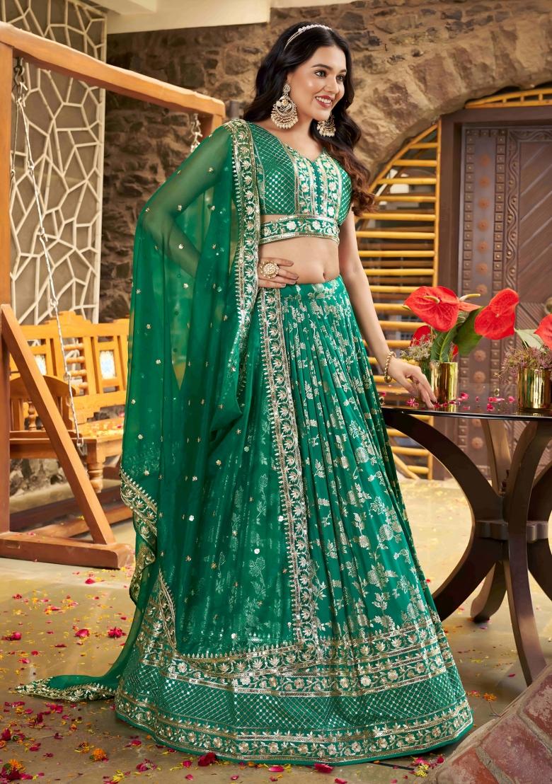 Rama Green Sequins And Thread Embroidery Work Dola Jacquard Lehenga Choli - Indya