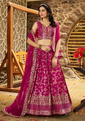 Rani Pink Sequins And Thread Embroidery Work Dola Jacquard Lehenga Choli