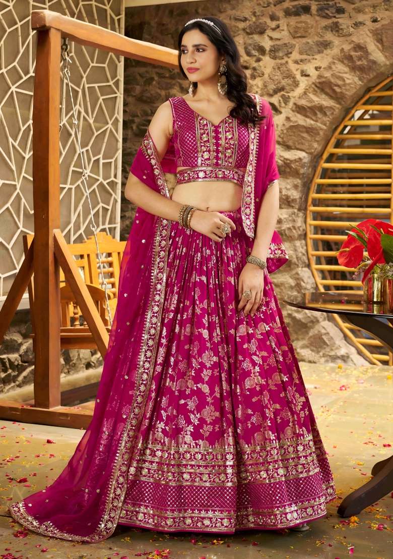 Rani Pink And Dola Choli Jacquard Lehenga with Embroidery & Sequins for Diwali | Wedding & Festive Wear - Indya