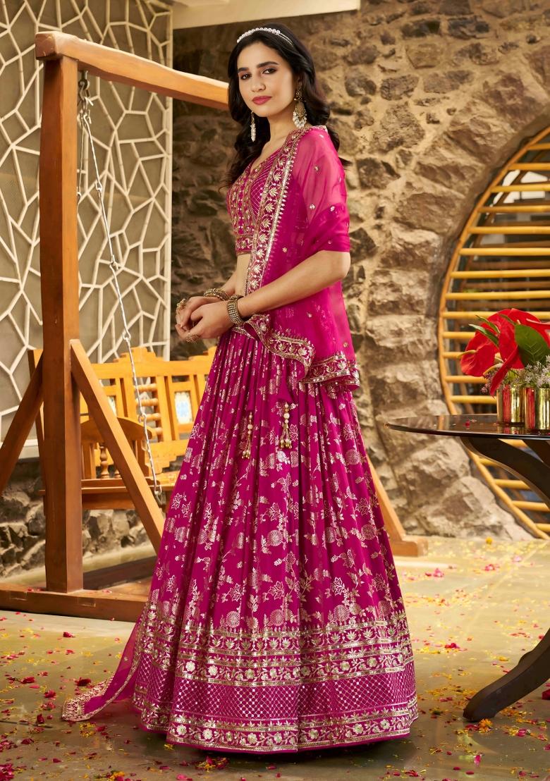 Rani Pink Sequins And Thread Embroidery Work Dola Jacquard Lehenga Choli - Indya