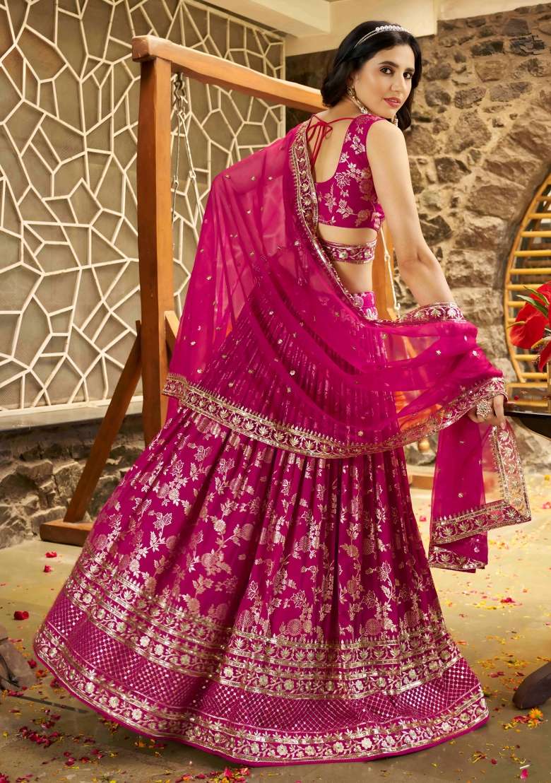 Rani Pink And Dola Choli Jacquard Lehenga with Embroidery & Sequins for Diwali | Wedding & Festive Wear - Indya