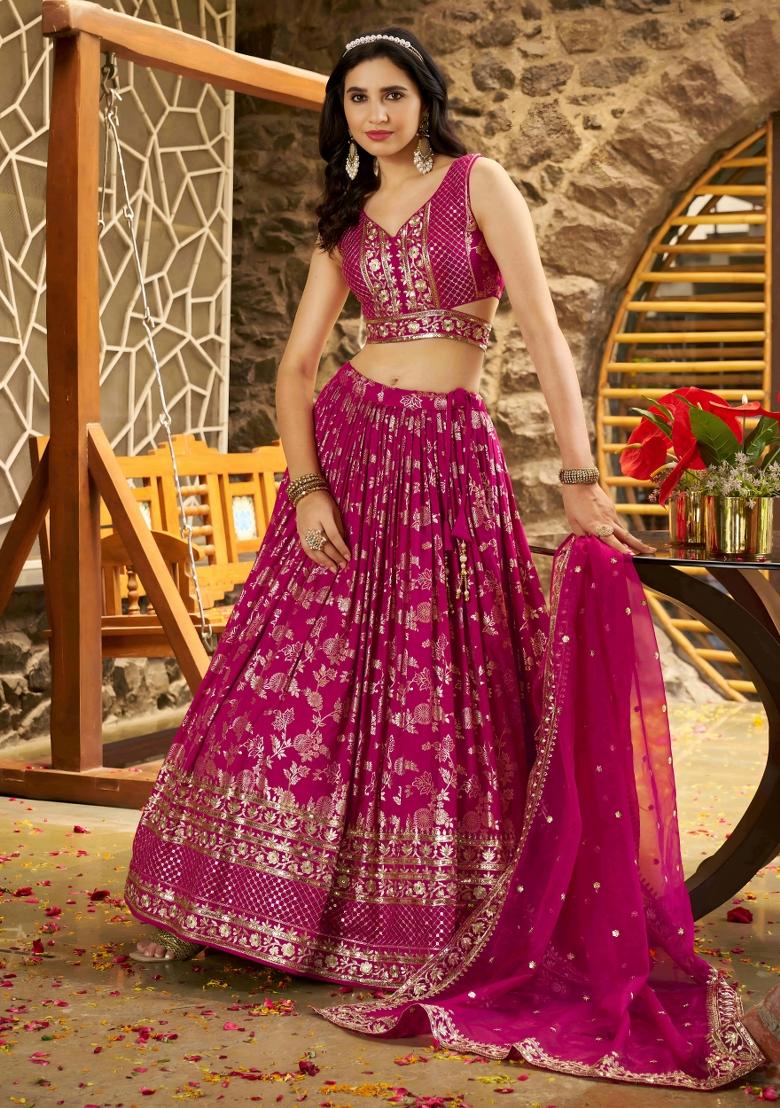 Rani Pink Sequins And Thread Embroidery Work Dola Jacquard Lehenga Choli - Indya