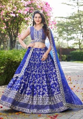 Royal Blue Sequins And Thread Embroidery Work Dola Jacquard Lehenga Choli