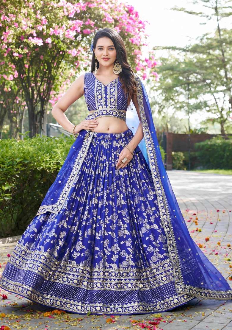 Royal Blue Sequins And Thread Embroidery Work Dola Jacquard Lehenga Choli for Diwali and Festive Wear - Indya