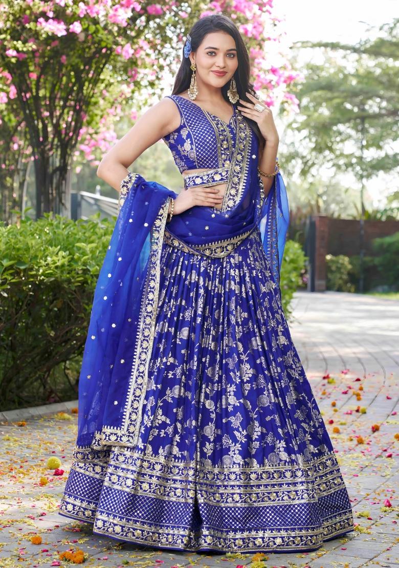 Royal Blue Sequins And Thread Embroidery Work Dola Jacquard Lehenga Choli - Indya